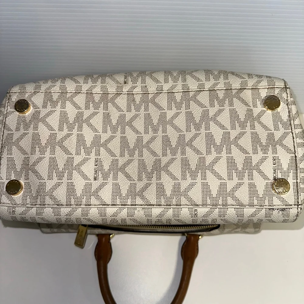 Michael Kors Monogram Kirby Satchel Bag Beige/Brown Vanilla/Acorn MK Logo Purse